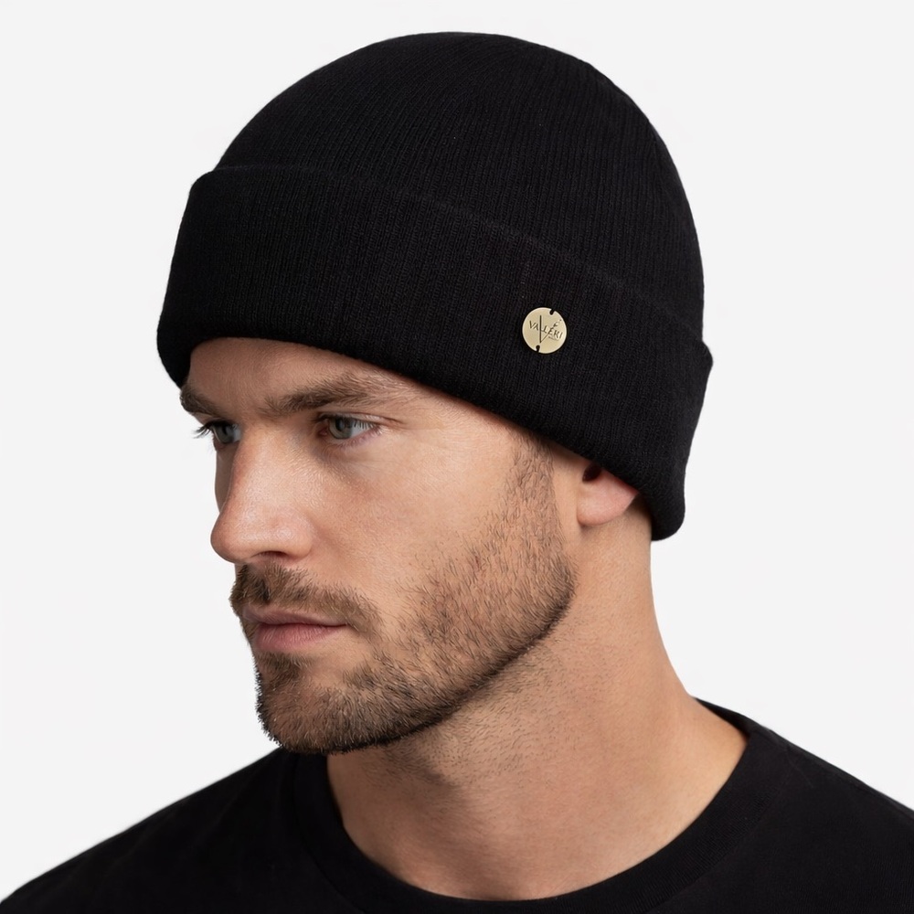 Valeri Black Slouchy Beanie Hat | balaclava with a metallic logo button | Soft